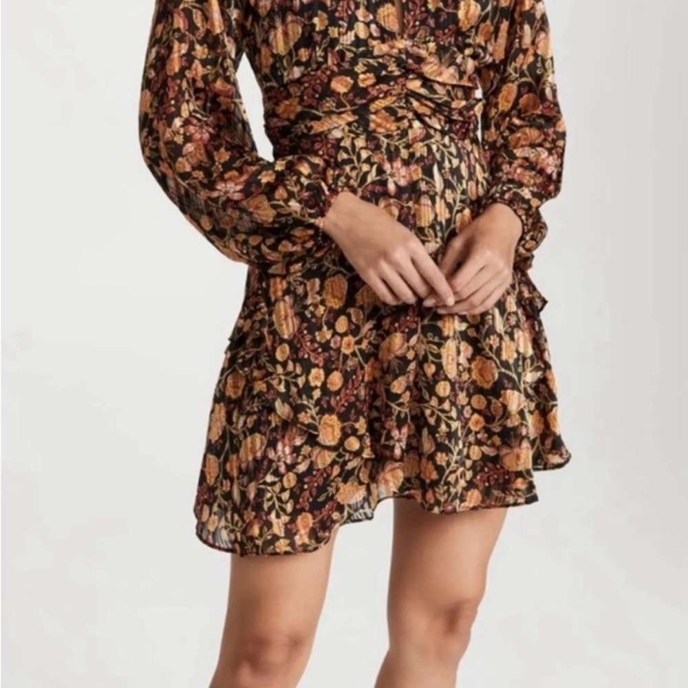 MINKPINK Black and Orange Floral Long Sleeve Dress with floral pattern.